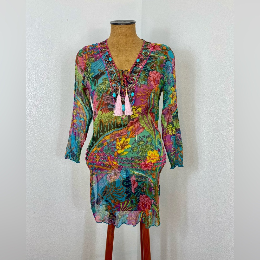 Saint Barth Stock Exchange Embellished Sheer Cover Up Tunic S/M Beads Medallion
